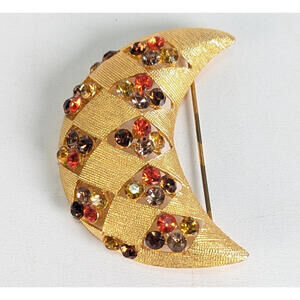 JJ JONETTE Gold Tone Half Moon Rhinestone Pin Brooch Statement Fashion Multicolo